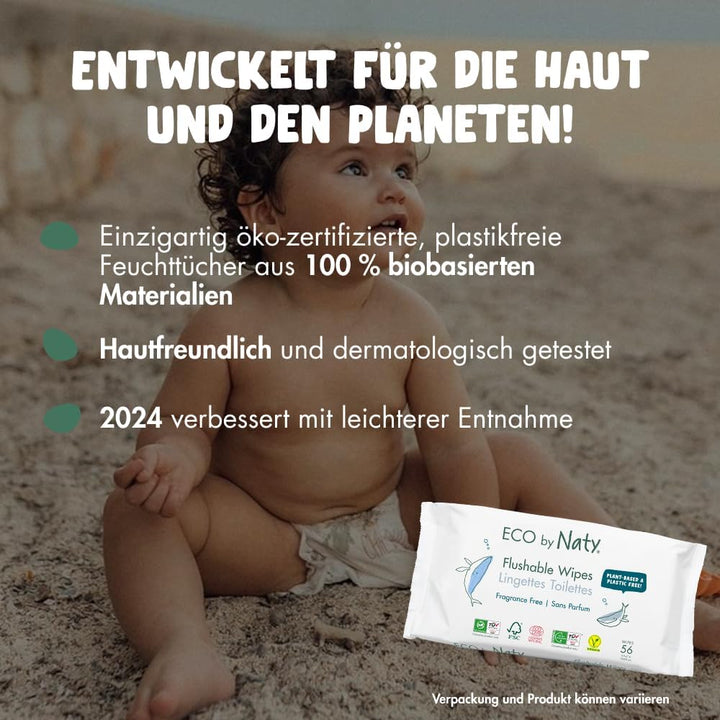 Eco by Naty Spülbare Baby Feuchttücher – 100% Wasser kompostierbare und pflanzliche Tücher, chemikal