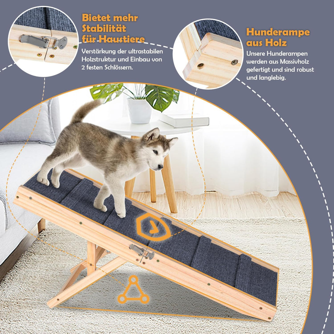 Hunderampe Klappbar Kiefernholz für Kleine, Hunde Haustierrampe mit Rutschfestem Teppich, Vielseitig