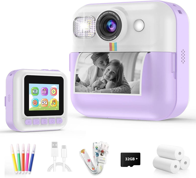 Kinderkamera Sofortbildkamera, 1080P Digitalkamera Kinder mit 32GB Karte, 2.4” Kamera Sofortdruck Ki