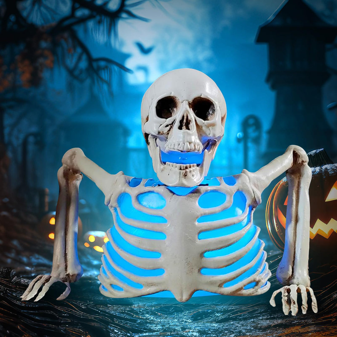 FUFRE Halloween Deko Skelett Mit LED, 23×20X11cm Halloween Skelett Mit Farbenfrohe Licht, Horror Dek