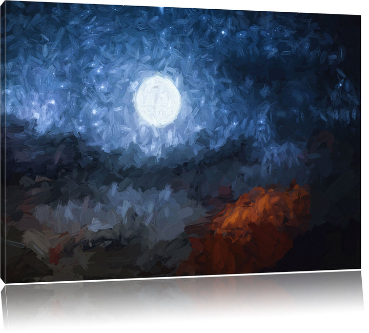 Pixxprint Leuchtender Mond am Nachthimmel Kunst Pinsel Effekt, Format: 100x70 auf Leinwand, XXL ries