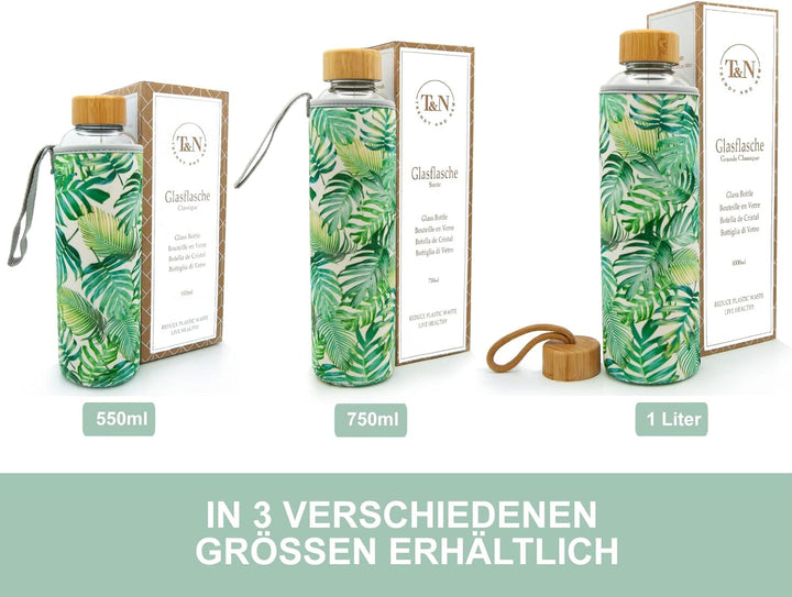 T&amp;N Glasflasche 1 Liter / 750ml / 500ml – Trinkflasche Glas 1l mit Neoprenhülle – Wasserflasche Ausl