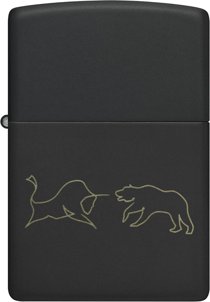 Zippo Sturmfeuerzeug - Bull and Bear, Black Matte, Laser Engrave - Nachfüllbar - Wiederverwendbar -