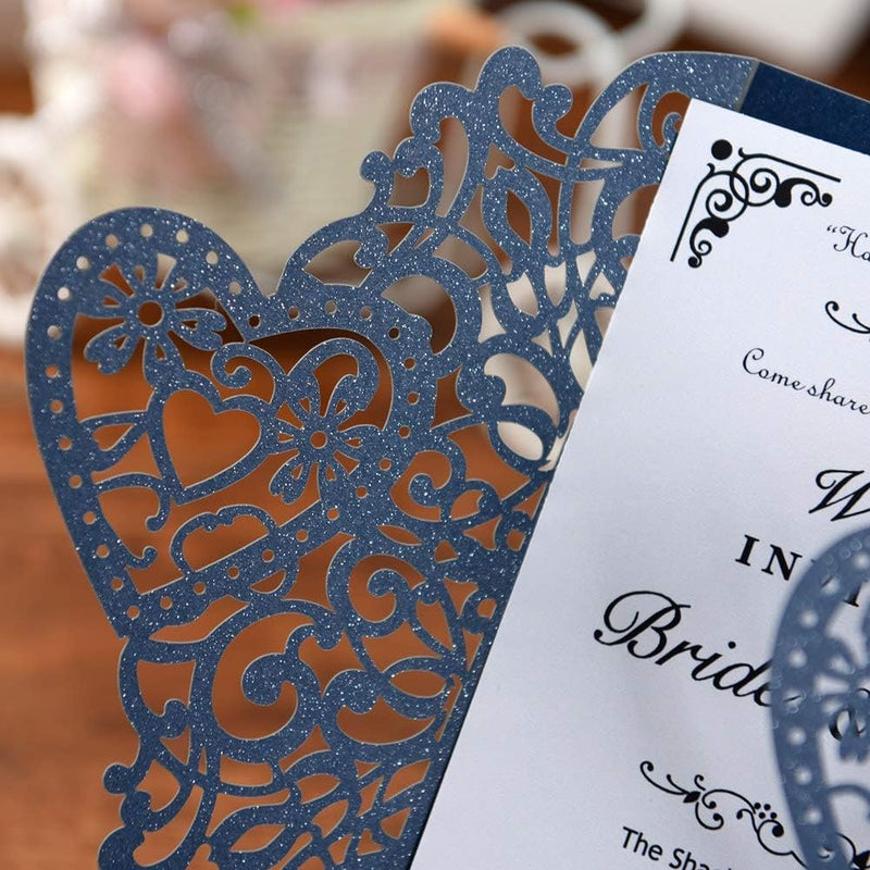 FOMTOR Laser Cut Hochzeitseinladungen Kit 50 Packungen Marineblau Hochzeitseinladungen mit bedruckba