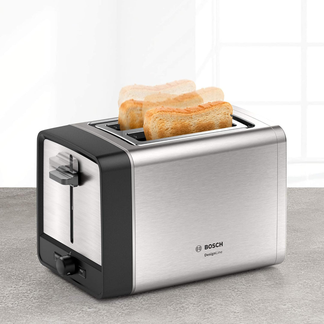Bosch Kompakt Toaster DesignLine TAT5P420DE, Integrierter Edelstahl-Brötchenaufsatz, Mit Abschaltaut