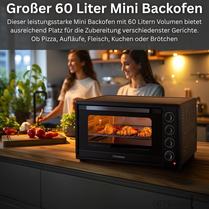 Steinborg® Mini Backofen 60 Liter mit Umluft & Drehspiess, 2000W Tischbackofen gross XXL, 100–230°C,