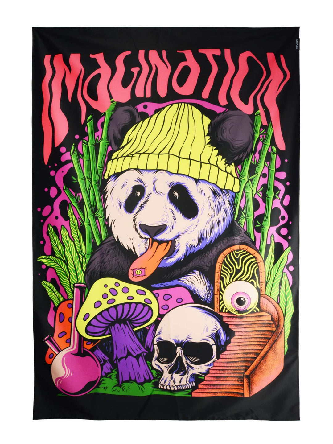 PSYWORK Schwarzlicht Stoffposter Neon | Imagination Panda | 1,5 x 2,25m | UV-aktiv | fluoreszierend