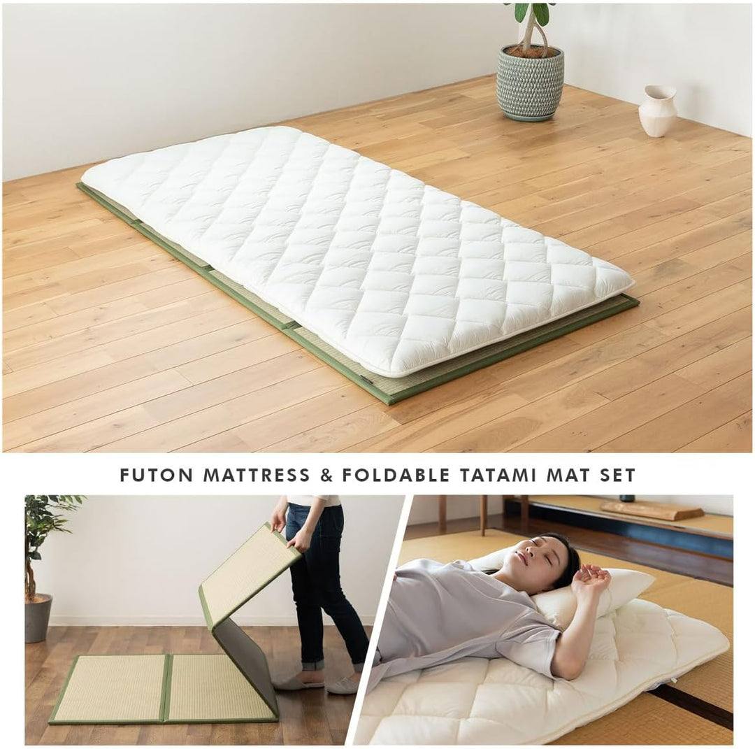 EMOOR Japanische Futon Matratze Premium CLASSE 100 x 200 cm und Faltbare Tatami Matte (Igusa Matratz
