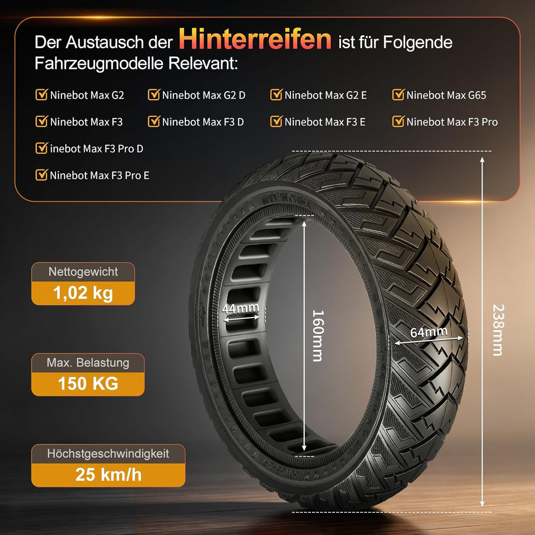 60/65-6,9 Ersatzräder Vollgummireifen 10 Zoll Solide Reifen für Ninebot Max G2 G2D G2E G65 F3 F3 Pro