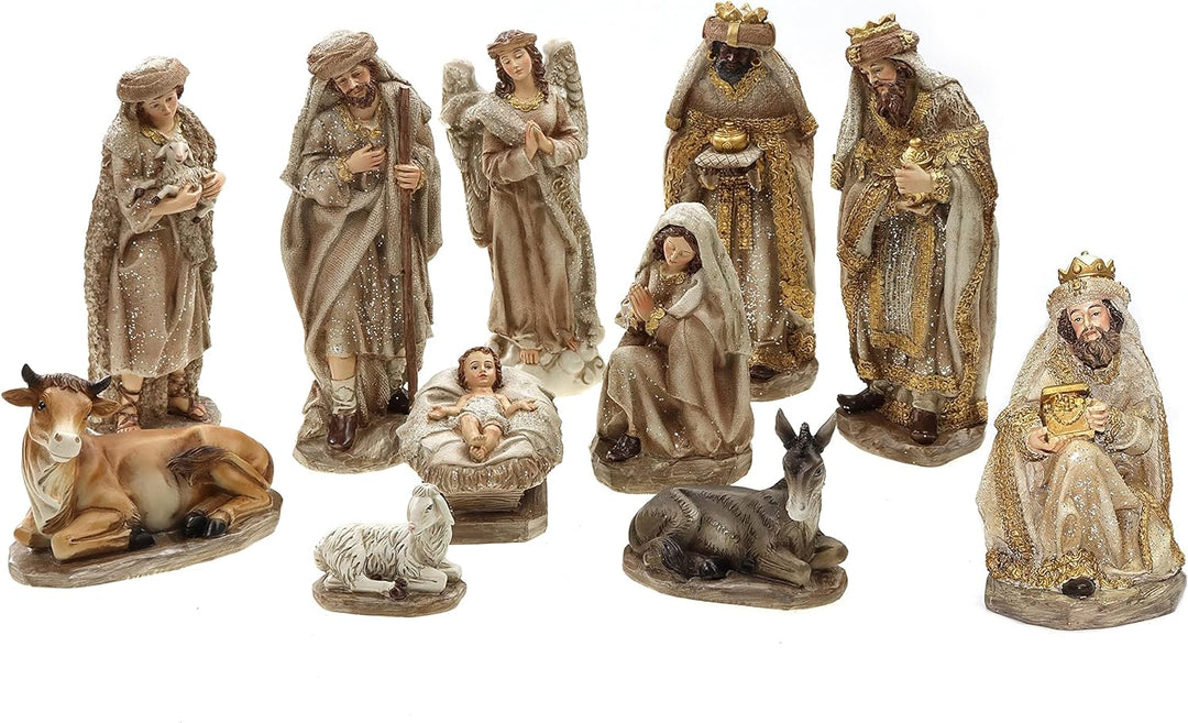 ELLUG Krippenfiguren Set 11teilig mit Glitzer in Beige Braun aus Polyresin, H.: ca. 20cm Weihnachtsk