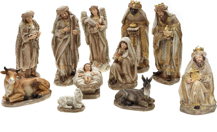 ELLUG Krippenfiguren Set 11teilig mit Glitzer in Beige Braun aus Polyresin, H.: ca. 20cm Weihnachtsk