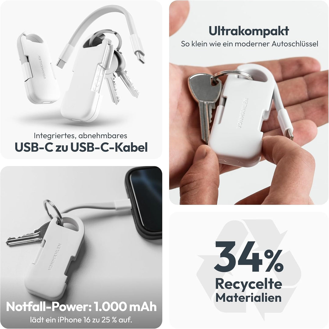 VONMÄHLEN Evergreen Go - USB-C Powerbank mit 1.000 mAh für unterwegs, für den Schlüsselbund, Umweltb