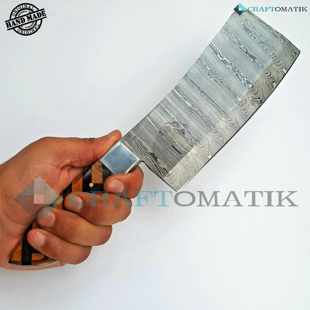 Craftomatik Damast Stahl Hackmesser | Chef Hackbeil Küchenbeil | Metzger Fleischerbeil | Olivenholz