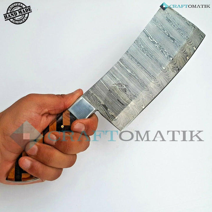 Craftomatik Damast Stahl Hackmesser | Chef Hackbeil Küchenbeil | Metzger Fleischerbeil | Olivenholz