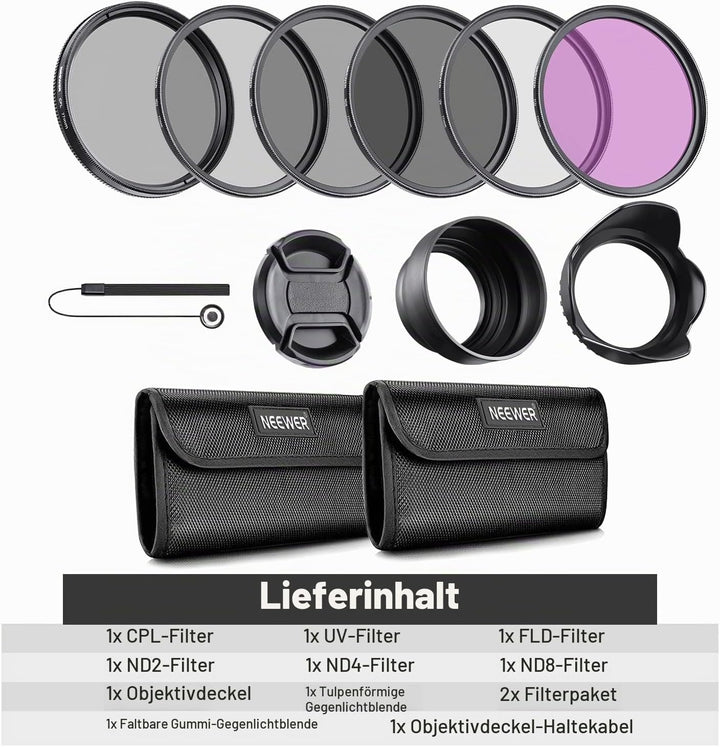 NEEWER 77mm ND Filter Set UV CPL(Polfilter) FLD ND2 ND4 ND8 Graufilter Gegenlichtblende und Objektiv
