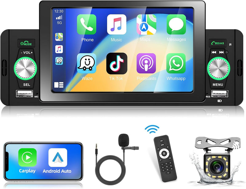 Podofo Autoradio 1 Din mit Apple Carplay Bluetooth 5.1 Android Auto, 5 Zoll Auto Radio Stereo mit Bi