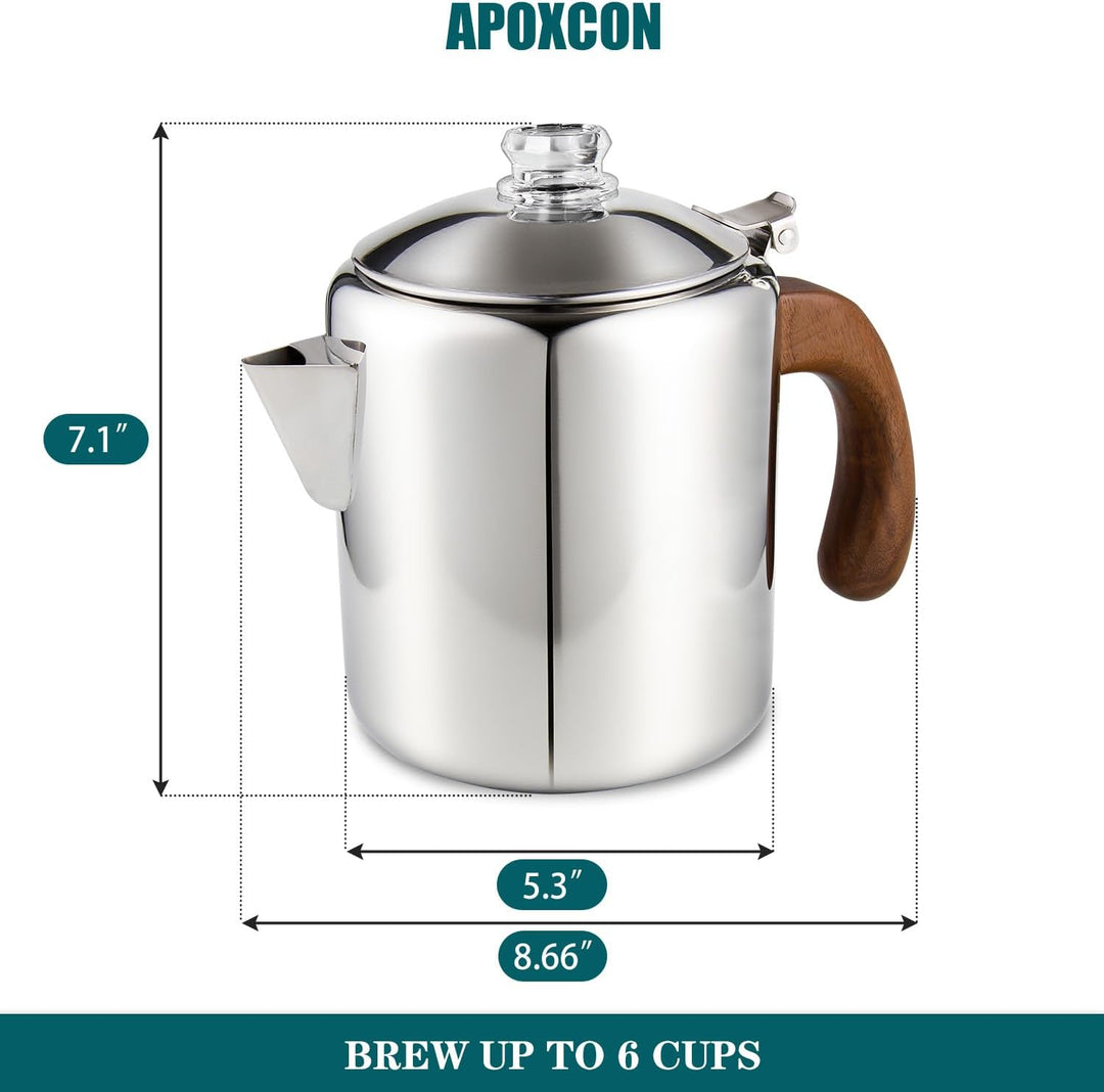 APOXCON Edelstahl-Kaffeekanne aus Edelstahl mit feuerfestem Holzgriff &amp; sichtbarem Brühknauf für all