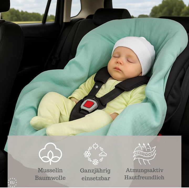 Babylux Musselin Einschlagdecke mit Kapuze – 90x90 cm – Sommer Babydecke für Autositz & Babyschale –