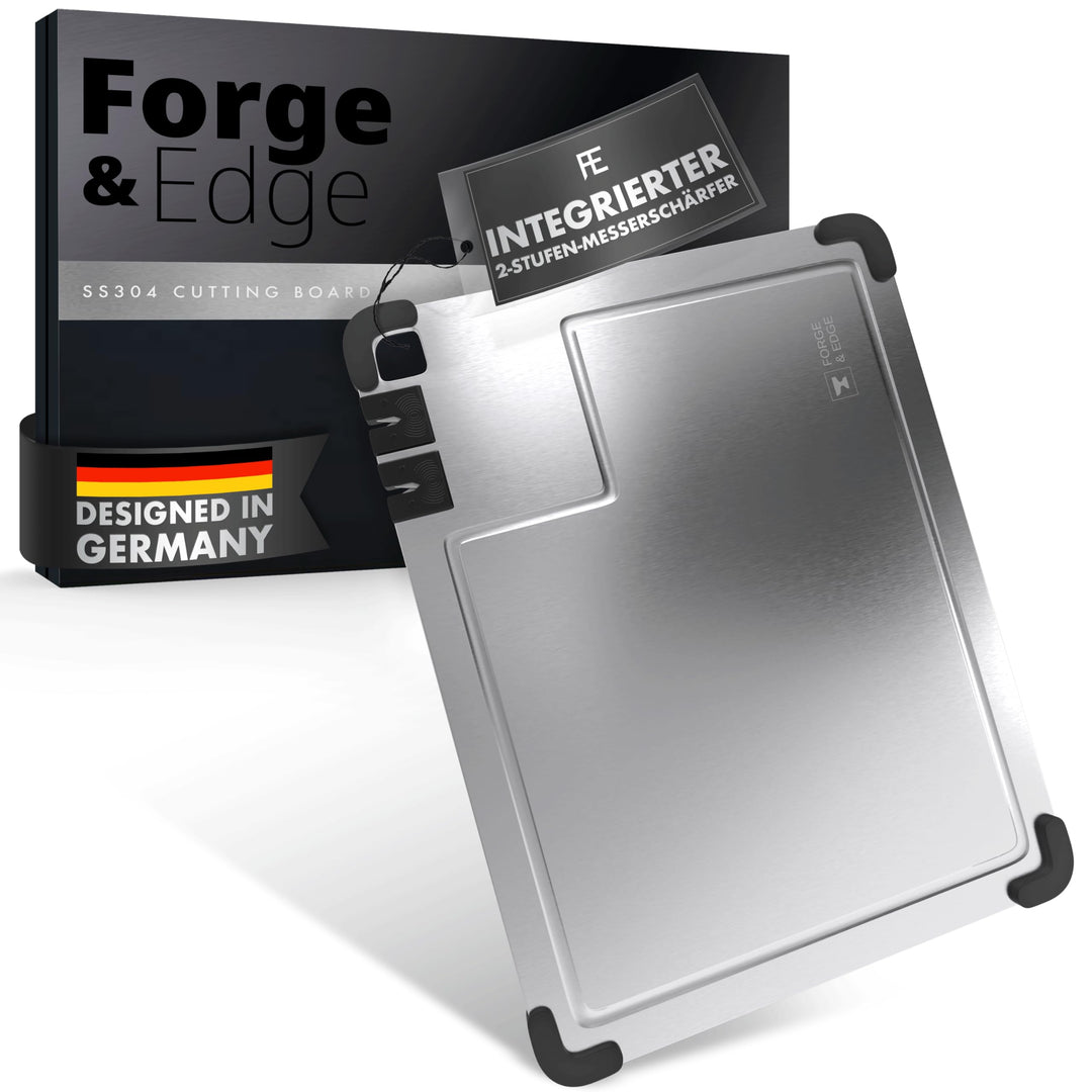 FORGE & EDGE Schneidebrett Edelstahl - Premium cutting board mit integriertem Messerschärfer, Saftri