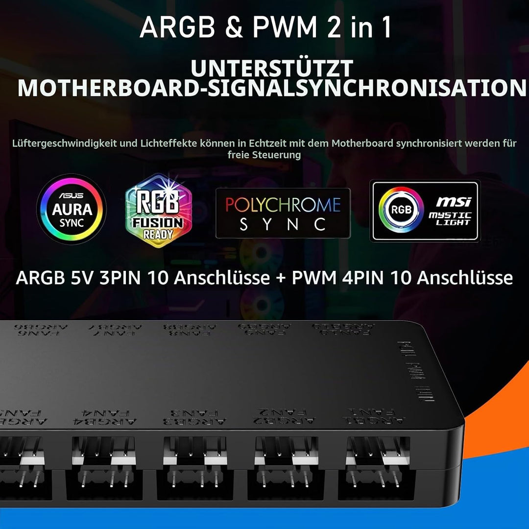 2-in-1 ARGB PWM Lüfter-Hub mit Controller, 10 x 4-Pin PWM Lüfter-Anschlüsse, 10 x 5V 3-Pin ARGB Port