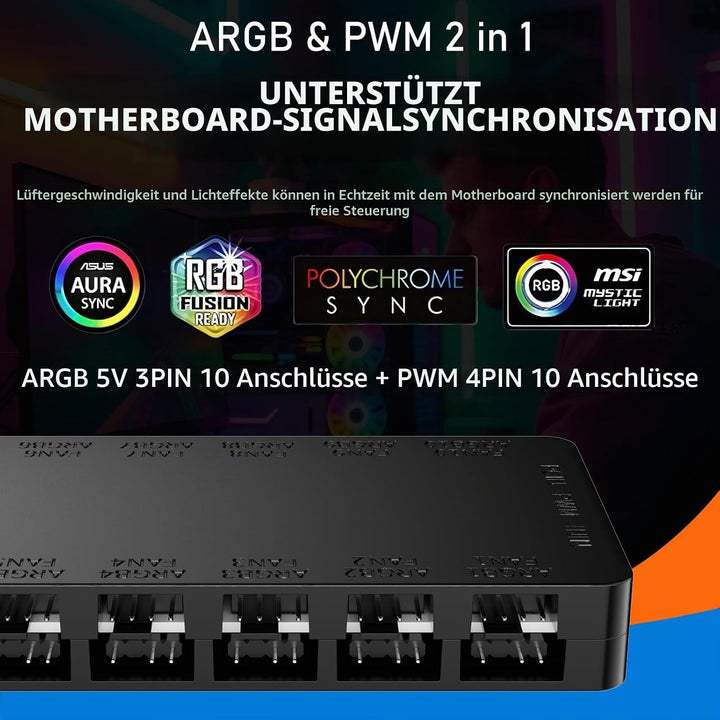 2-in-1 ARGB PWM Lüfter-Hub mit Controller, 10 x 4-Pin PWM Lüfter-Anschlüsse, 10 x 5V 3-Pin ARGB Port