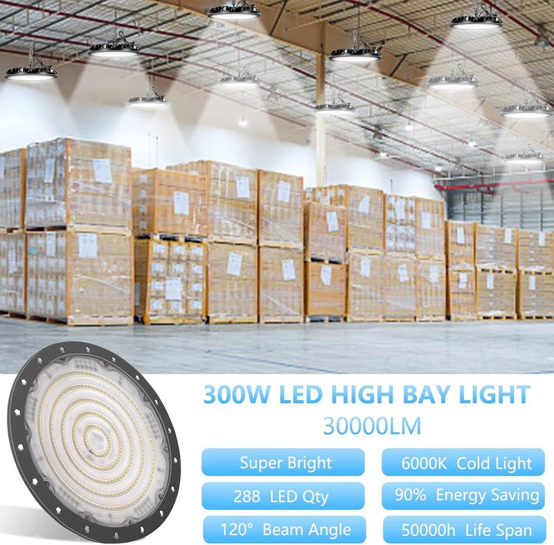 loyal 300W LED Hallenstrahler, 30000LM 6000K Kaltweiss UFO LED Werkstattlampe, IP65 Wasserdicht LED