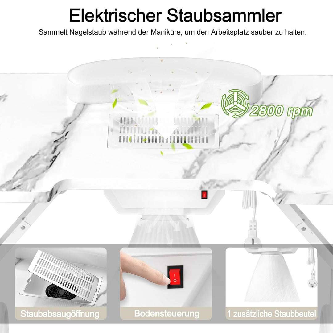 Faltbar Maniküre Tisch mit Absaugung Tragbarer Nageltisch mit 4 Räder & Tragetasche & Handgelenkaufl
