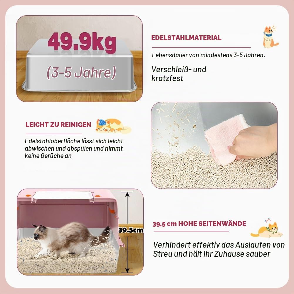 Vivifying Katzenklo Edelstahl mit Deckel, XL Leicht zu Reinigen und Geruchsresistent Katzentoilette