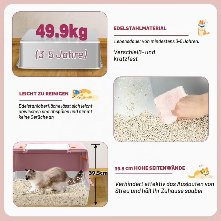 Vivifying Katzenklo Edelstahl mit Deckel, XL Leicht zu Reinigen und Geruchsresistent Katzentoilette