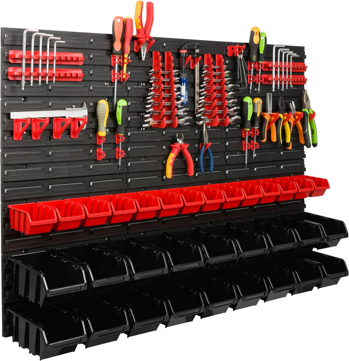Lagersystem Werkstattregal | 117 x 78 cm | 32 stck. Box | Wandregal mit Werkzeughalterungen und Stap