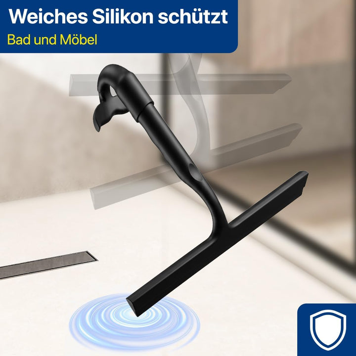 Zindoo Duschabzieher Schwarz Silikon 25 cm mit Haken für Dusche & Glas | Streifenfrei, Vollsilikon s