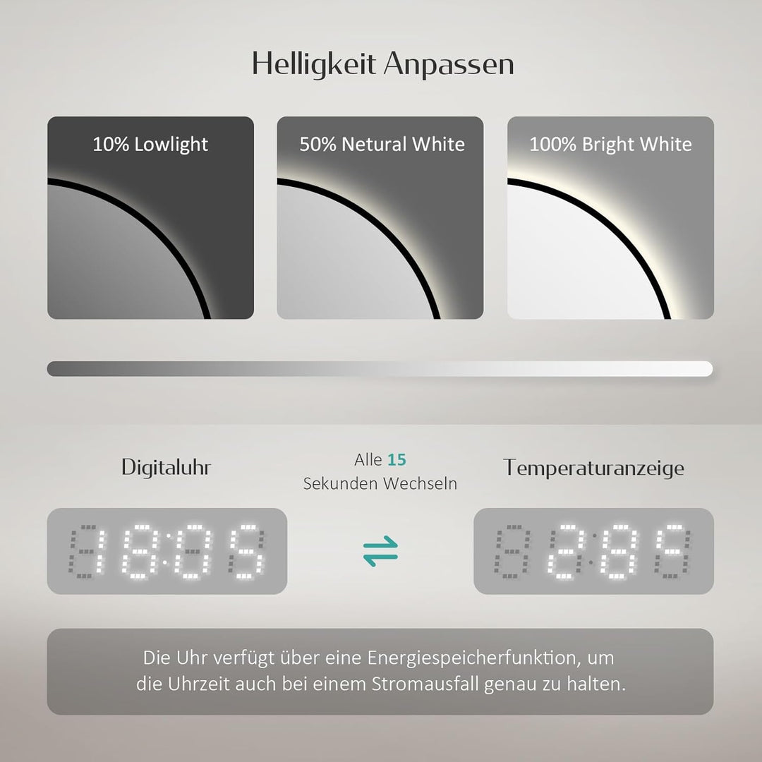 EMKE Badspiegel mit Beleuchtung rund 60 cm – Schwarzer Badezimmerspiegel mit Antibeschlag, Dimmbar,