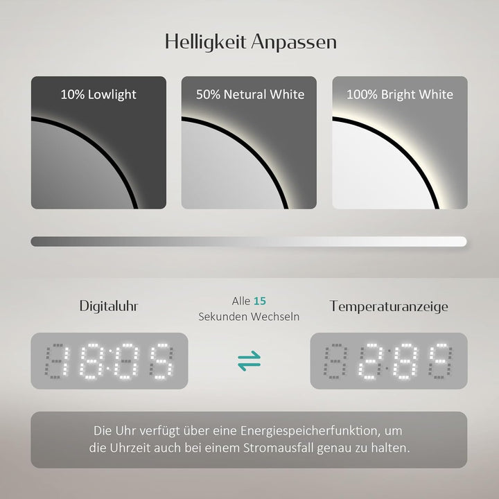 EMKE Badspiegel mit Beleuchtung rund 60 cm – Schwarzer Badezimmerspiegel mit Antibeschlag, Dimmbar,