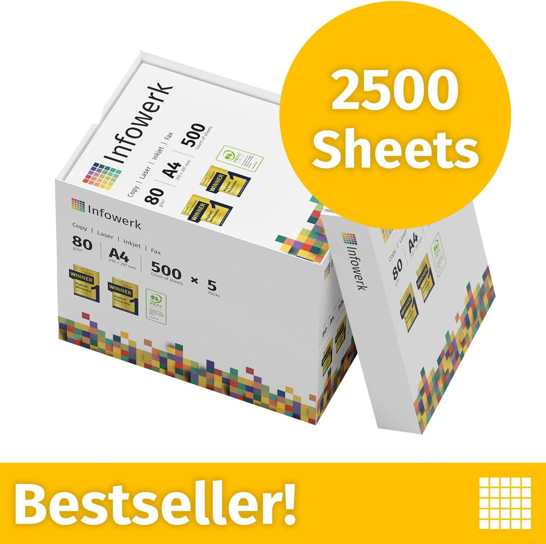 Infowerk Druckerpapier Kopierpapier 2500 Blatt 5 x 500 A4 80g Premium Weiss Testsieger PEFC