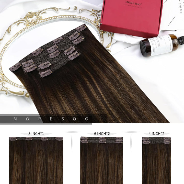Moresoo Clip in Extensions Echthaar Balayage Remy Extensions Clip in Echthaar Dunkelstes Braun mit M