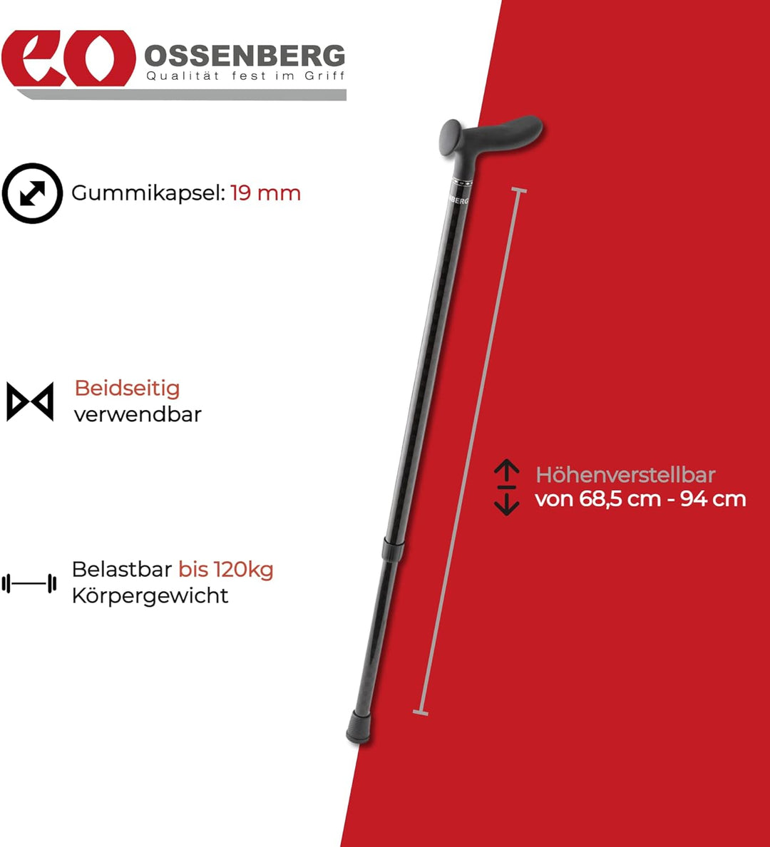 Ossenberg Carbonstock in Schachbrett Muster - schwarz glänzend - mit Cosy Griff - Verstellbarer Carb