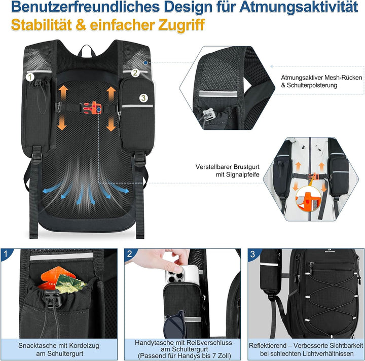 BECOJADDE 15L Kleiner Wanderrucksack Tagesrucksack Herren Damen Leichter Faltbarer Rucksack mit Brus