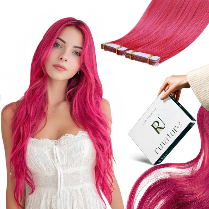 RUNAUTRE Tape Echthaar Extensions Rosa 35cm Remy Tape in Haarverlangerung Echthaar Bunt 14 Zoll 20g