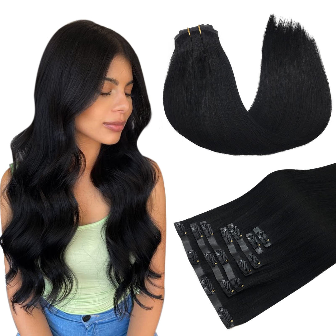 MAXITA Seamless Clip in Extensions Echthaar, 45cm 18 Zoll 110g 7 Stück Tief Schwarz PU Echthaar Exte