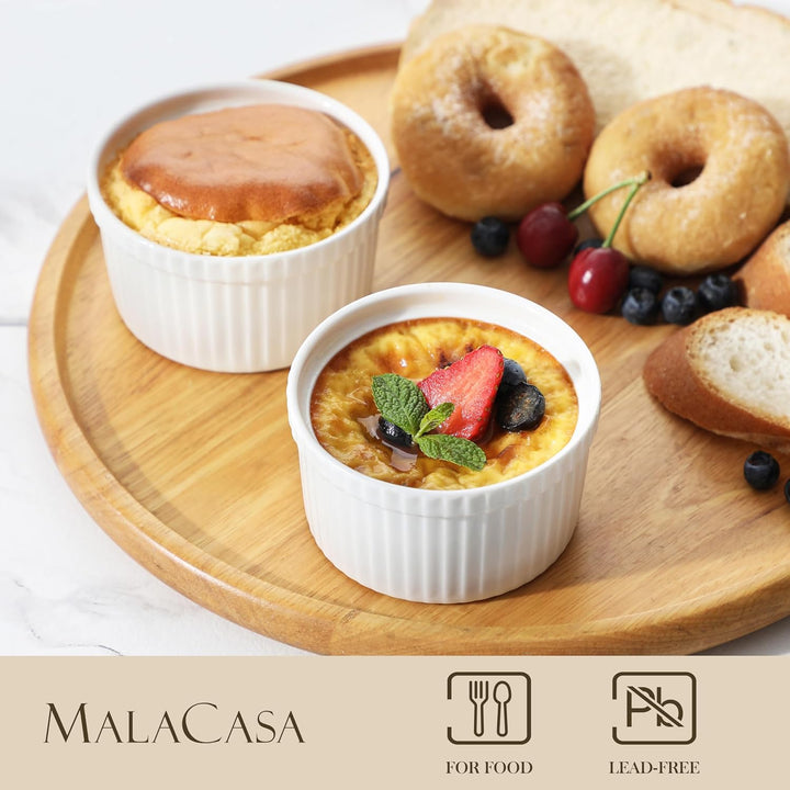 MALACASA Creme Brulee Schälchen 6er Set, Ø 9cm - 240 ml Souffle Förmchen Backofenfest, Porzellan Ofe