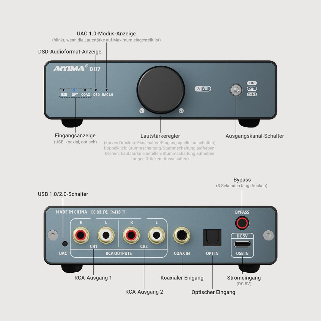 AIYIMA D07 Mini-Desktop-HiFi-DAC Digital-Analog-Audio-Wandler-Decoder AK4493S für Heimstereo-Verstär