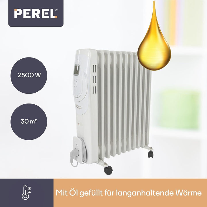 Perel 2500W Ölradiator mit 11 Rippen, 3 Heizstufen, LCD-Display, Timer, einstellbarem Thermostat, Gr