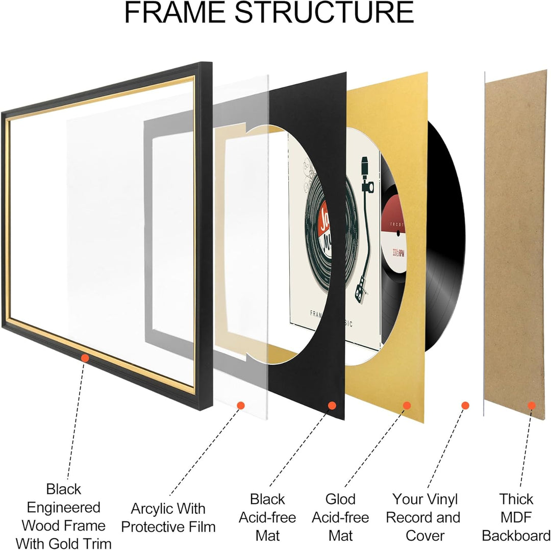 FramePro Schallplattenrahmen mit 2 doppelseitigen Passepartouts (schwarz über gold), Jukebox-Schallp
