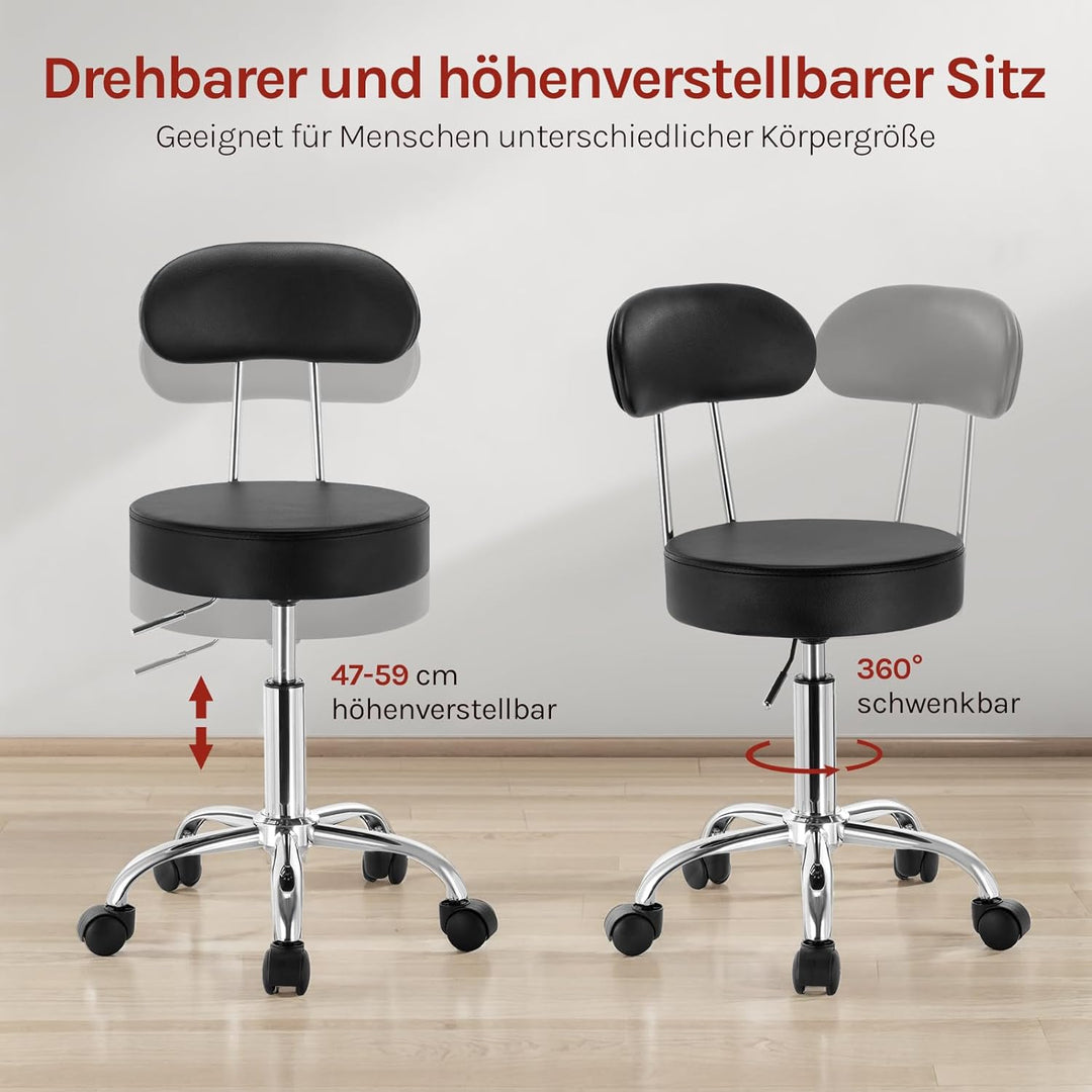 WOLTU Rollhocker Schminkhocker Hocker höhenverstellbar mit Rollen & Lehne Schwarz Arbeitshocker 360°