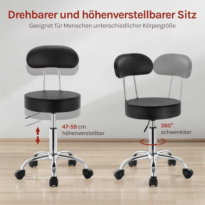 WOLTU Rollhocker Schminkhocker Hocker höhenverstellbar mit Rollen & Lehne Schwarz Arbeitshocker 360°