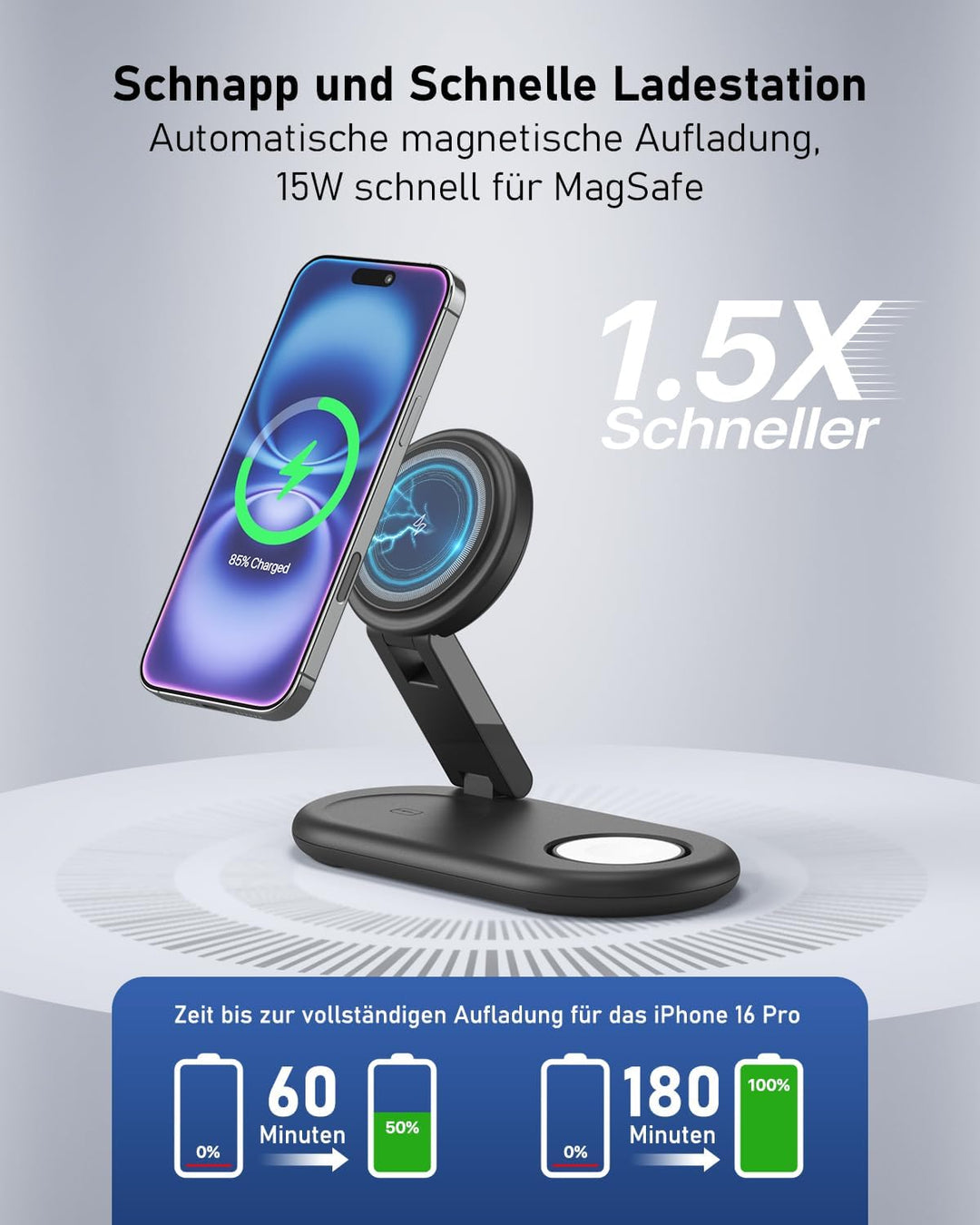 3 IN 1 Tragbare Ladestation kompatibel mit Apple Watch und iPhone, Mag-Safe Ladegerät für iPhone 16