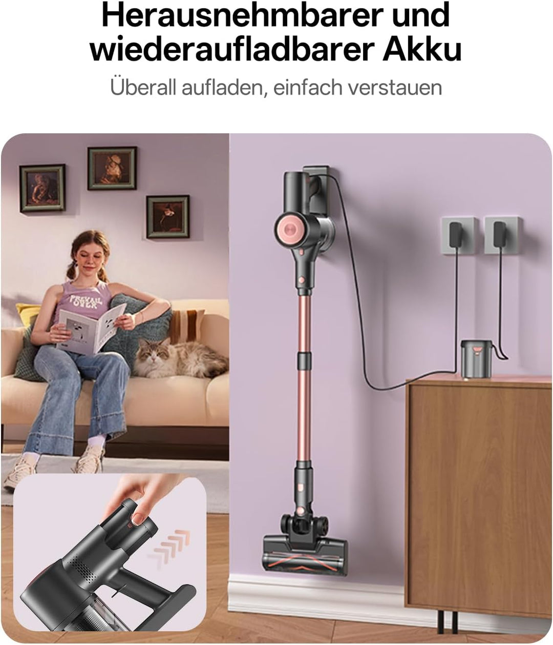 Vexilar Akku Staubsauger Kabellos 45Mins/45KPA/450W, Akkustaubsauger mit Geen LED, 6-in-1 Ultraleich