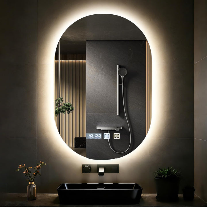 Badspiegel Rund mit Beleuchtung 50 cm x 75 cm, Badspiegel Rund mit Uhr, LED, Dimmbar, 3 Lichtfarben,
