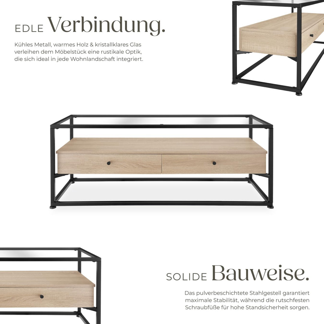 tectake® Lowboard mit 2 Schubladen und Ablagen, 121,5 x 41,5 x 50,5 cm, Fernsehtisch mit Glasplatte,