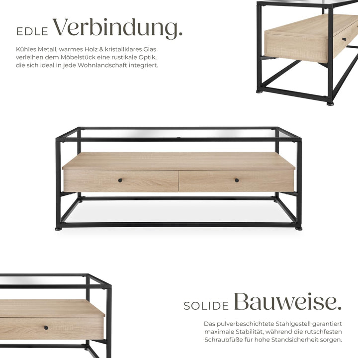tectake® Lowboard mit 2 Schubladen und Ablagen, 121,5 x 41,5 x 50,5 cm, Fernsehtisch mit Glasplatte,